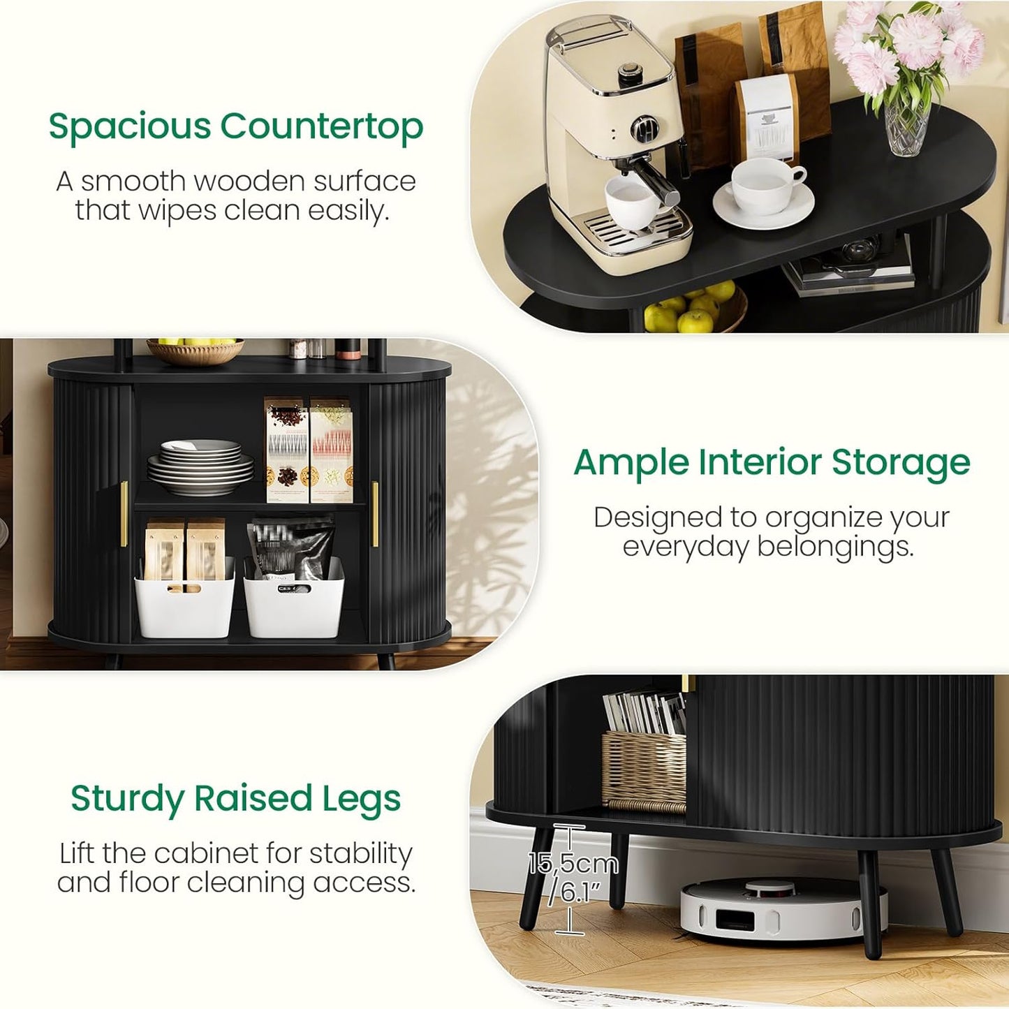 Bathroom Storage Cabinet, Bathroom Cabinet with Sliding Doors, Freestanding Floor Cabinet with Gold Handles, Modern Bathroom Organizer and Storage, for Bathroom, Kitchen, Entryway, Black