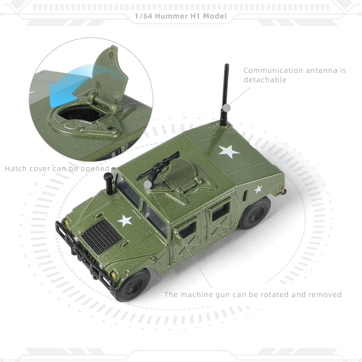 1/64 Hummer H1 Car Model Military Truck Off Road Vehicle Die-cast Metal Model Kit Military Armored Car Multifunctional Truck Armored for Adults Collection or Gift