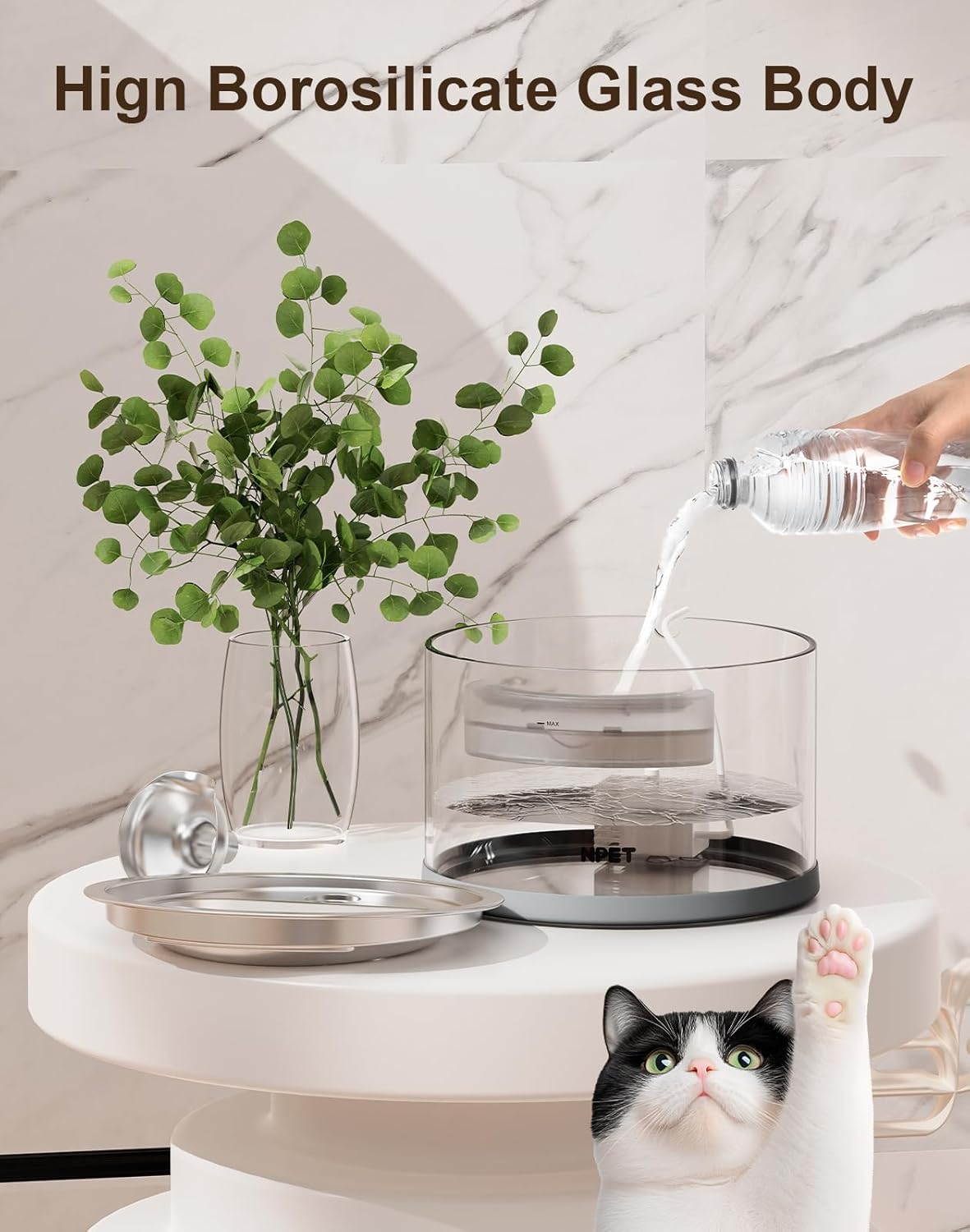 NPET N280 Glass Cat Water Fountain - 2.8L Automatic, Ultra-Quiet Pump with Stainless Steel Tray, Easy to Clean & Eco-Friendly for Cats and Dogs