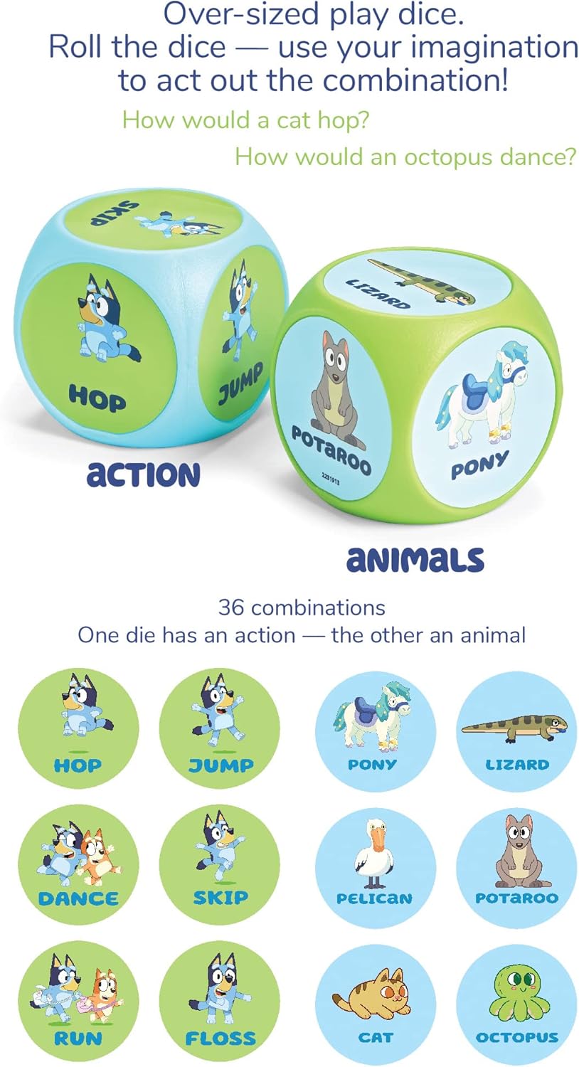 BLUEY Wackadoo Dice Imagination Act Out the Action Game | Family Game Night for All Ages | Creative and Engaging Fun for All Featuring Bluey and Bingo with 36 unique and silly combinations