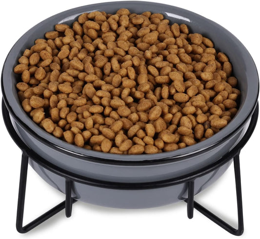 GDCZ Ceramics Raised Cat Bowl with Heighten Metal Stand for Pet Food, 15 Ounces (Grey)