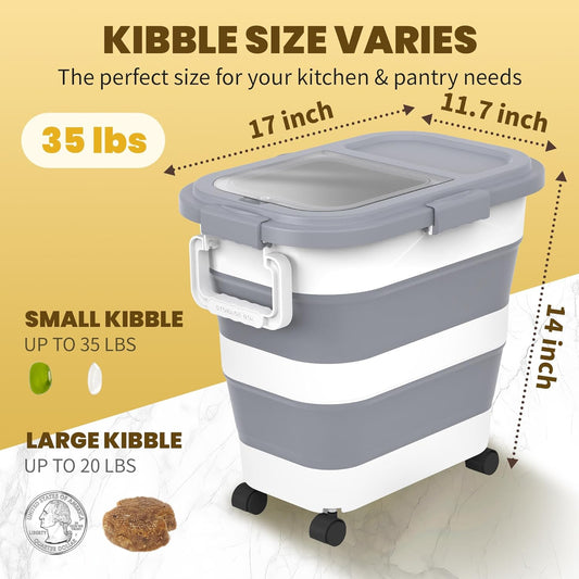 HOYTAMDA 25-35Lbs Rice Container,Collapsible Airtight Food Storage Containers with Wheels,Handle,Rice Storage Container with Small Bin and Scoop,Rice Dispenser for Flour Sugar Cereal Grain Dog Cat