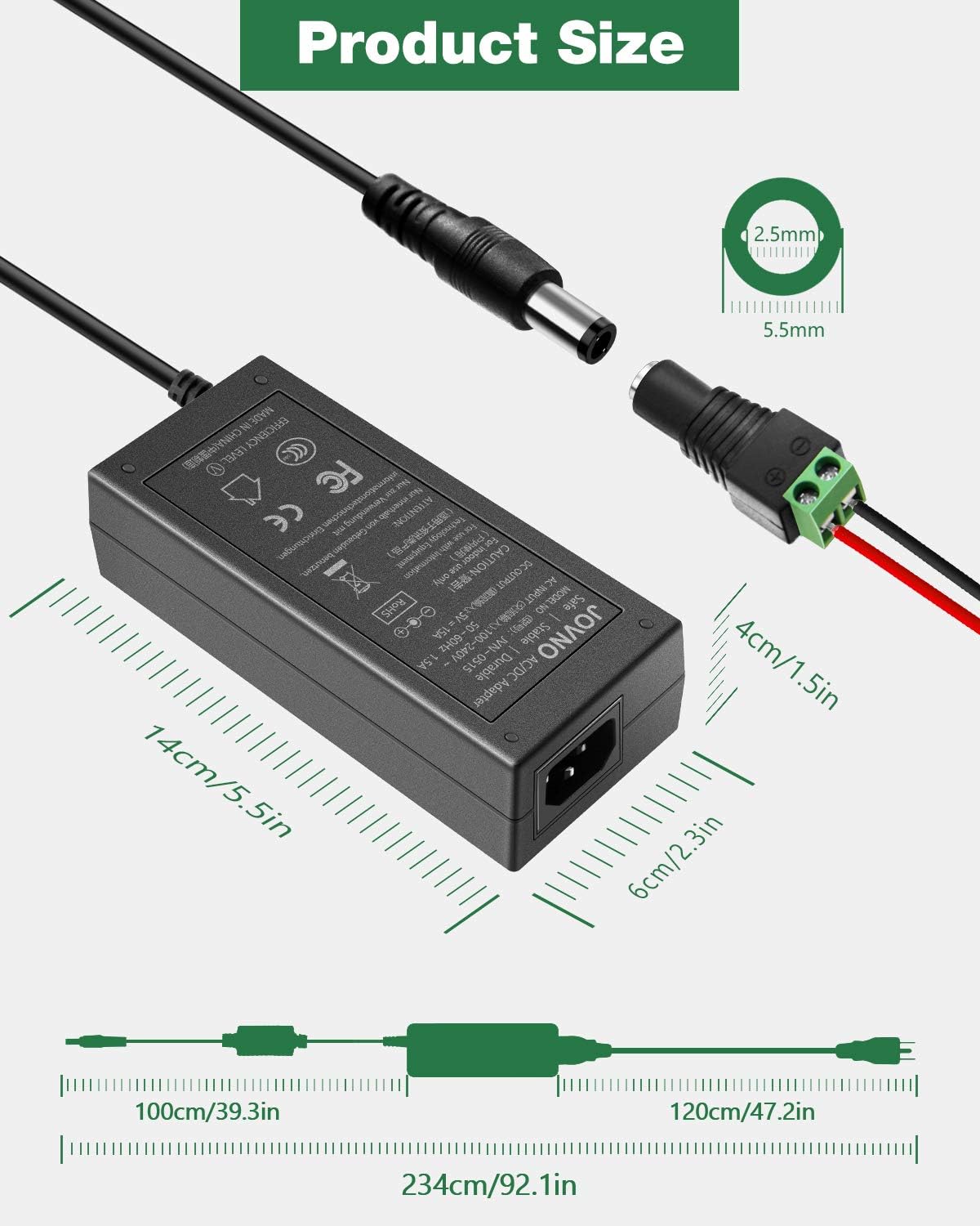 DC Power Cord 5V Power Supply 15A AC Adapter 100-240V to 5V DC Power Supply 5 Volt 10A 8A 6A 5A RGB LED Driver Barrel Plug 5.5x2.5mm for Christmas Lights WS2812B WS2811 WS2813 SK6812 LED Strip Light