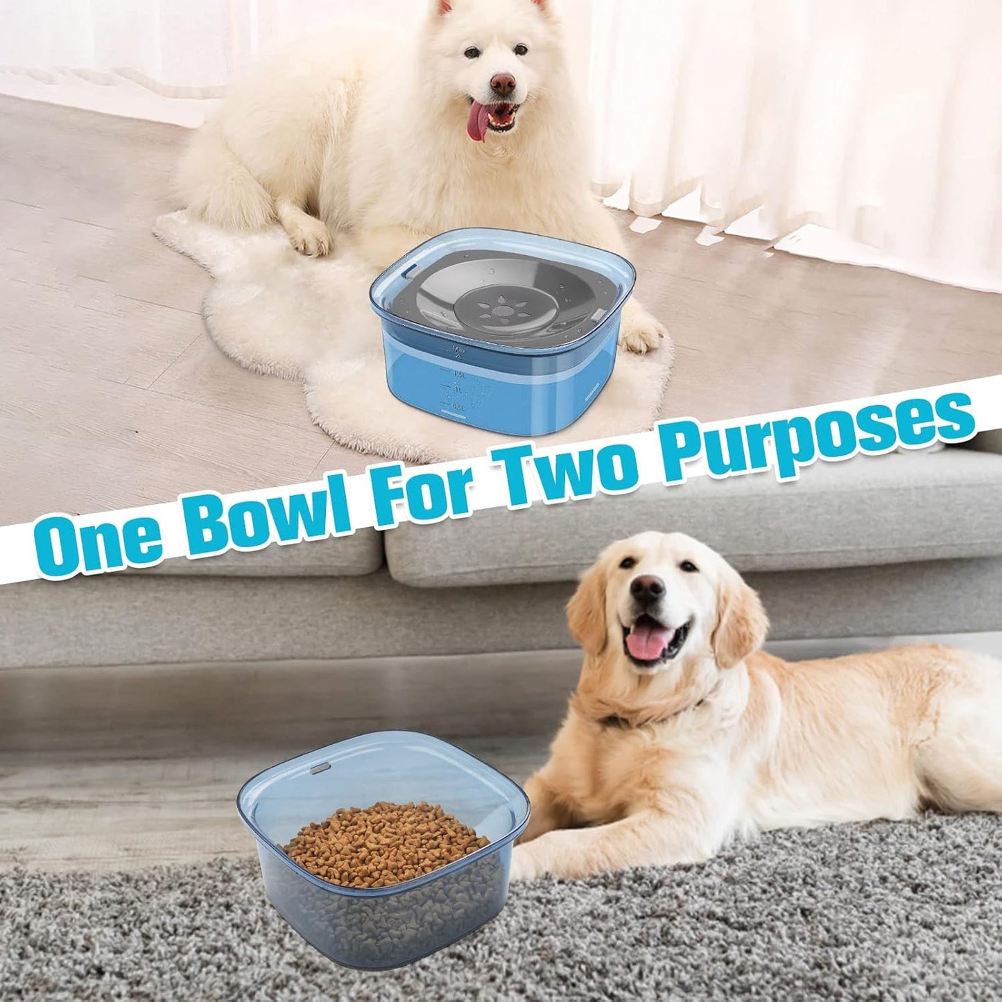 UPSKY 70oz Dog Water Bowl 2L No Spill Dog Bowls Large Capacity Spill Proof Slow Water Feeder, No Splash Dog Bowl Pet Water Dispenser Vehicle Carried Travel Slow Drinking Bowls for Messy Drinkers, Cats