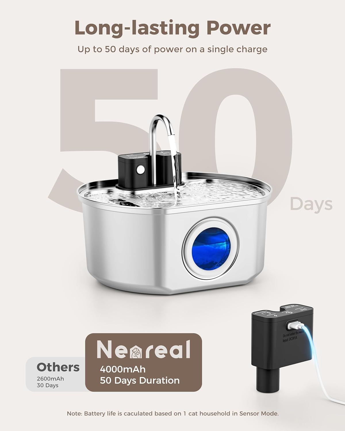 Cat Water Fountain Stainless Steel - Wireless 3.2 L/108 oz Battery Operated Automatic Pet Drinking Fountain for Cats - Cordless Water Dispenser with 4000 mAh Rechargeable Battery (1 Filter)