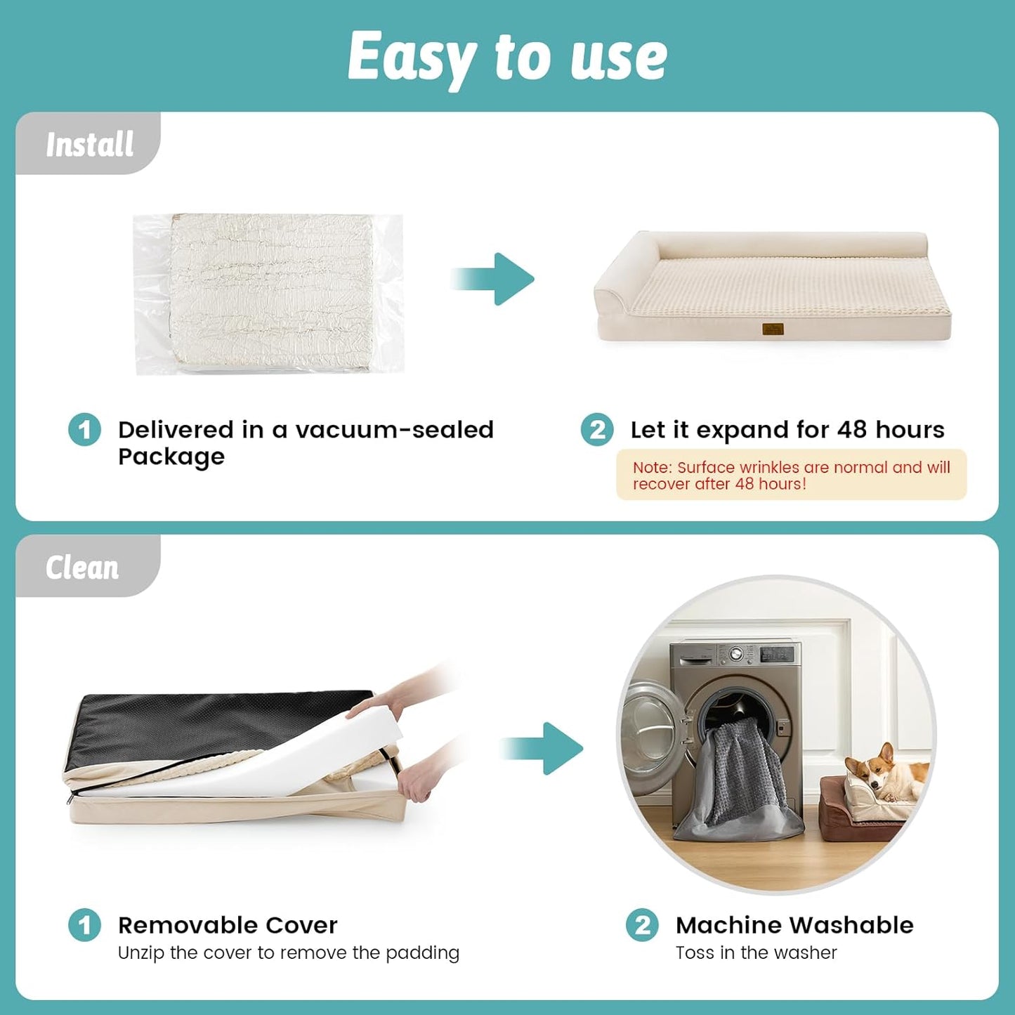 Orthopedic Dog Bed for Large Medium Size Dog, Dogs Crate Bed, L Shaped Foam Anti-Slip Bottom Pet Cat Sofa with Washable Removable Cover, Suitable for Pet Up to 75 lbs, 36x27x6.5 inch, Beige