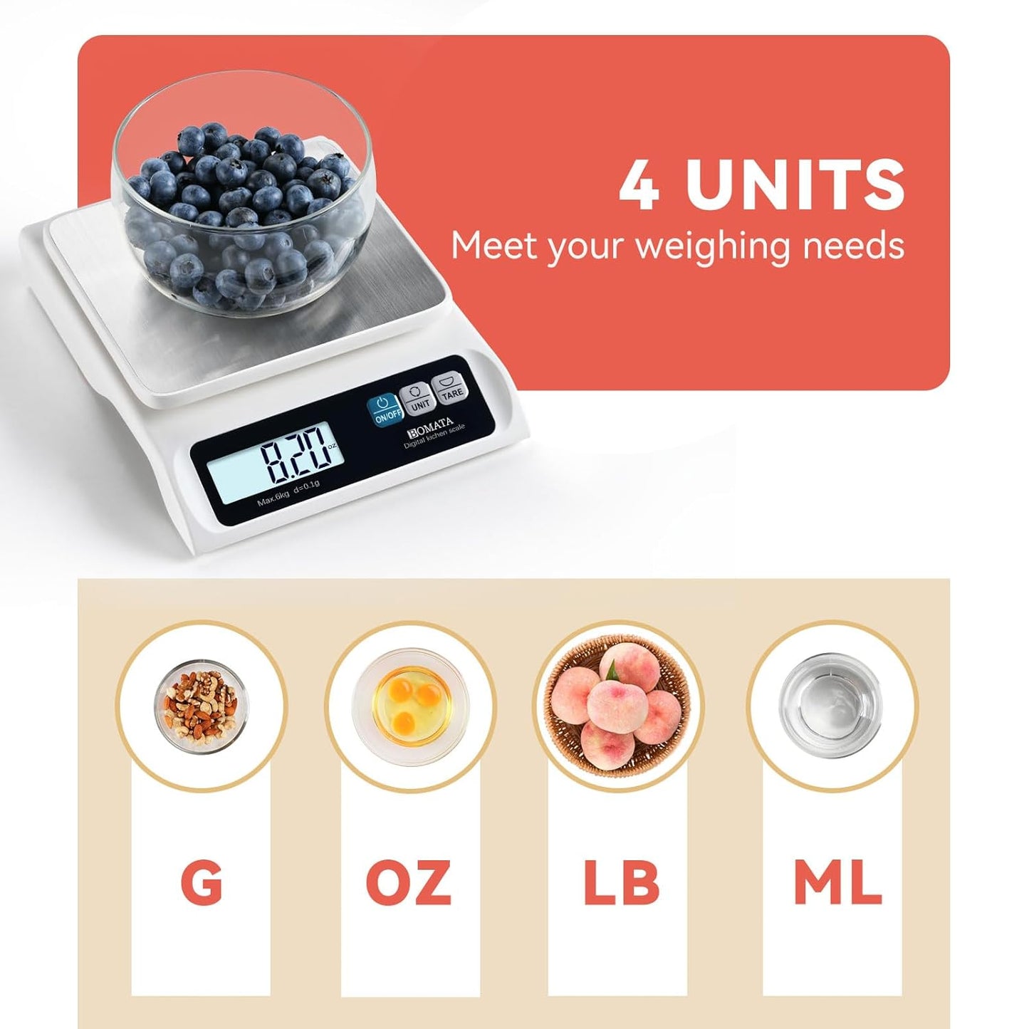 BOMATA 0.1g/ 13lb Food Scale, Digital Kitchen Scale with Removable Stainless Steel Pan, Backlit LCD Display, for Cooking, Baking B621 White