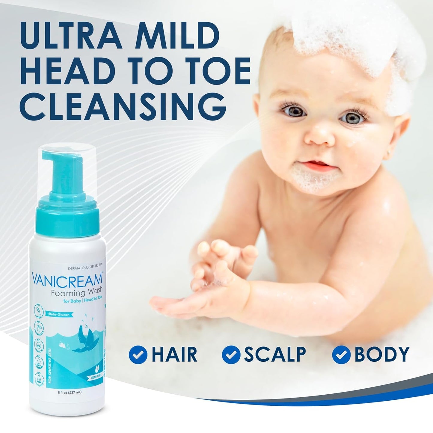 Vanicream Foaming Wash for Baby, 8 Oz, Gentle Cleanse and Moisture, Tear-Free Baby Shampoo and Body Wash with Beta-Glucan, Formulated without Common Irritants for Sensitive Skin, All Ages