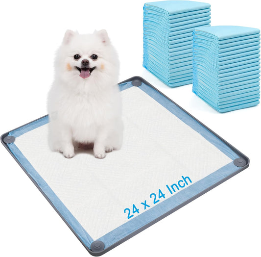 24 x 24In Dog Pee Pad Holder Training Pads Silicone, Catcan Non Slip Pad Holder for Dog Training with 40Pcs Disposable Urine Pads and 2 Hooks