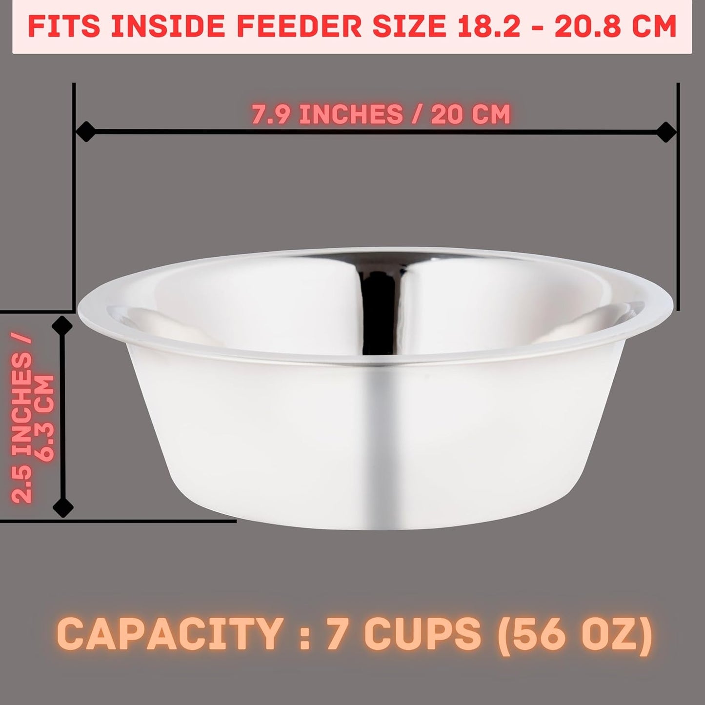 Stainless Steel Dog Bowl 2-Pack Metal Food and Water Dish (8.1" inch Outer Diameter) Pet Feeder Replacement Bowls Dishwasher Safe, Easy to Clean (7 Cups)