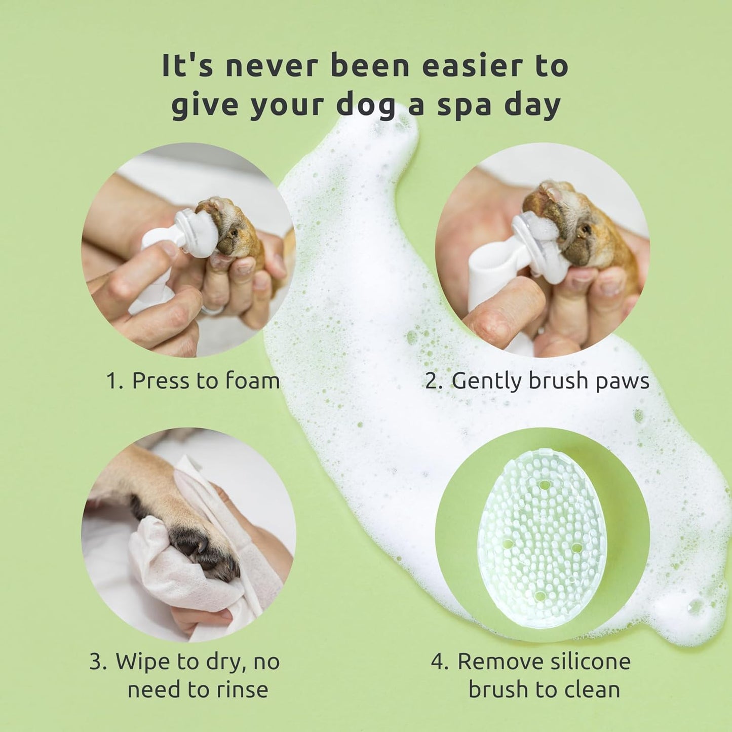 Protex PawZ No-Rinse Foaming Paw Cleanser for Dogs - Moisturizing, Fragrance-Free with Silicone Brush