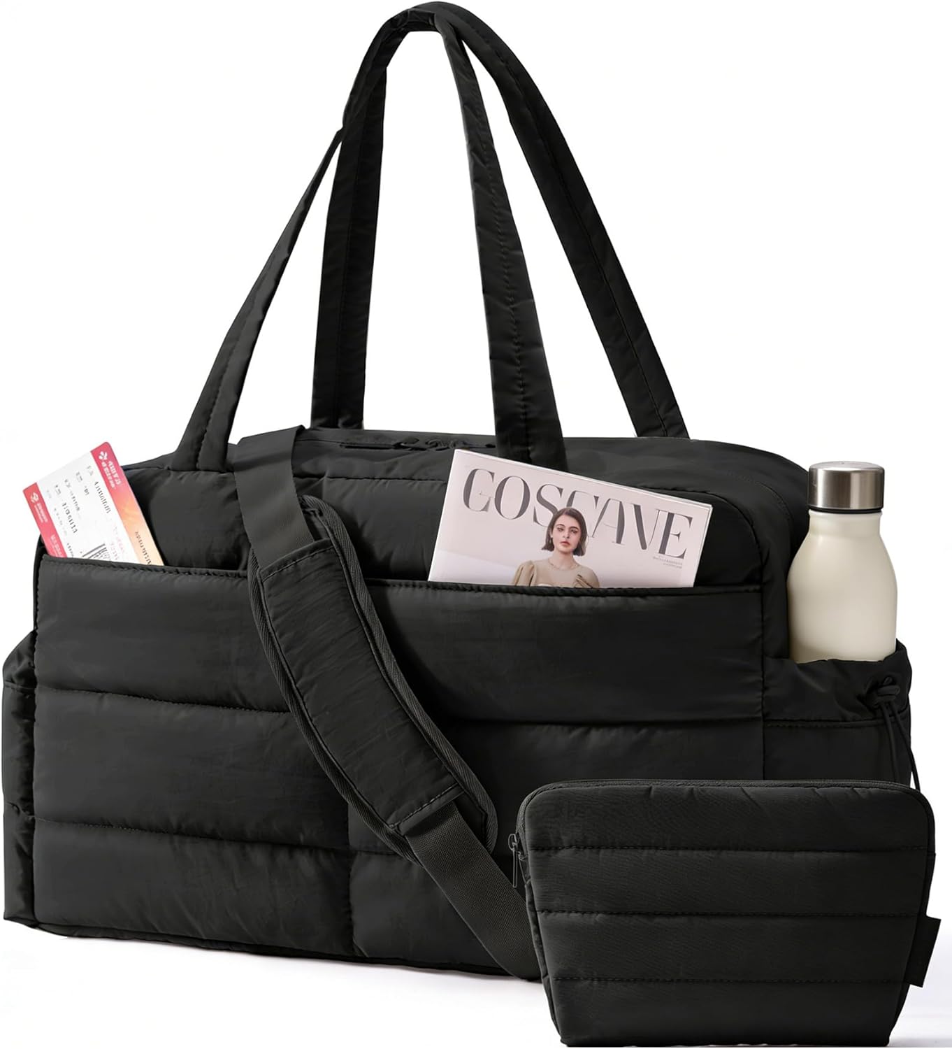BAGSMART Gym Bag for Women, Lightweight Puffer Duffle Bag 2-PC Travel Bag, 31L Weekender Overnight Bag Quilted Carry On Tote Bag, Diaper Hospital Dance bag for Travel, Gym, Water Resistant, Black
