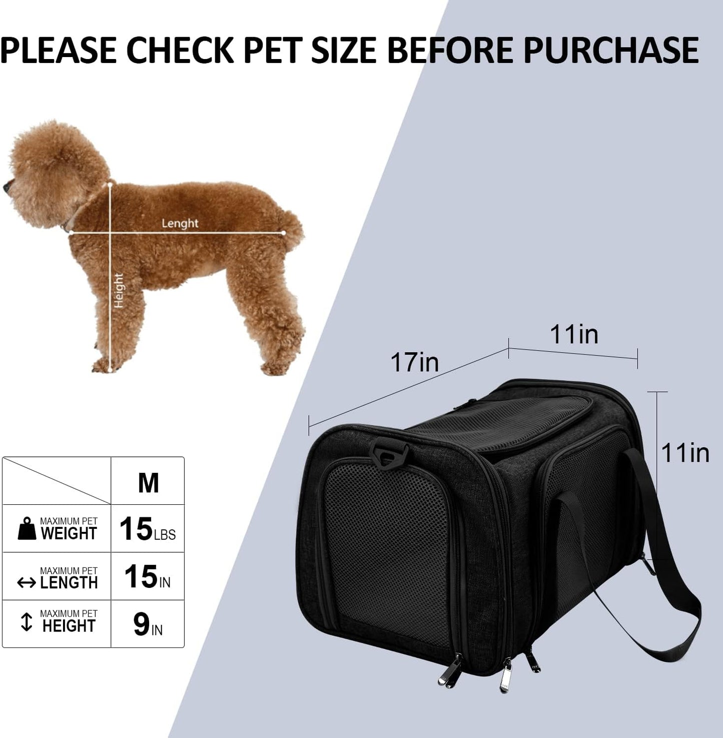 Henkelion Cat Carriers Dog Carrier Pet Carrier for Small / Medium Cats Dogs Puppies (Up To 15lbs), TSA Airline Approved Small Dog Carrier Soft Sided, Collapsible Waterproof Travel Puppy Carrier -Black