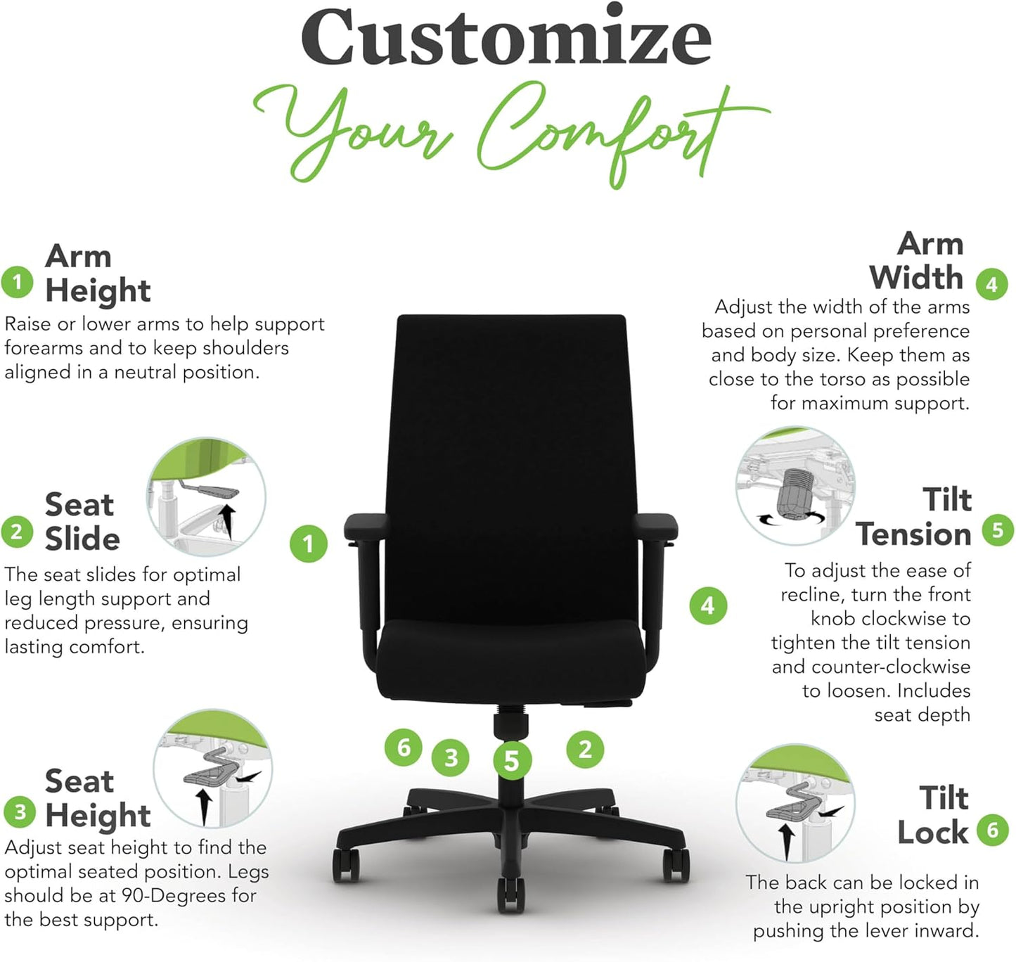 HON Ignition 2.0 Fabric Office Chair, Upholstered, Adjustable Arms, Standard Synchro-Tilt Recline Executive Ergonomic Office Chair, Black Frame, Black