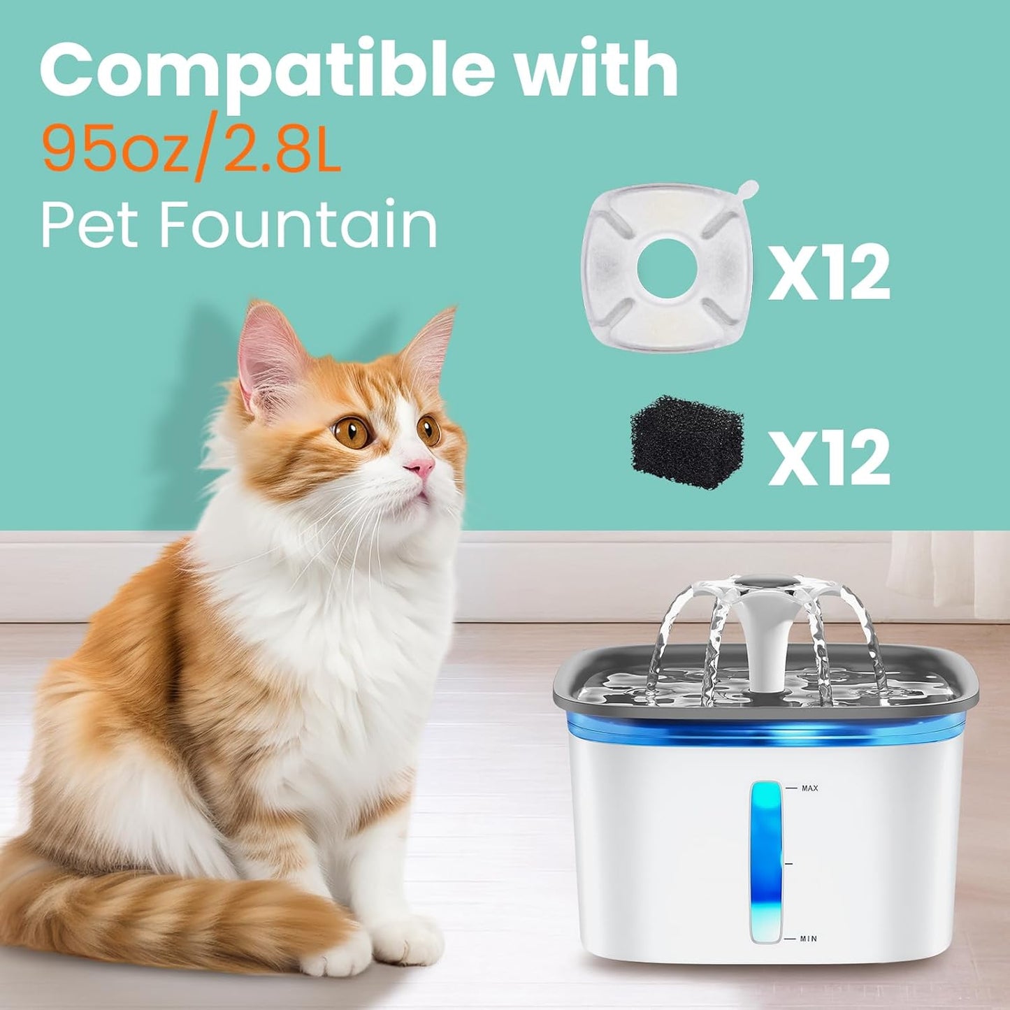 24 Pcs Cat Water Fountain Replacement Filters, Compatible with Veken 95oz/2.8L Automatic Pet Fountain - 12 Pack Water Fountain Filters & 12 Pack Pre-Filter Sponges