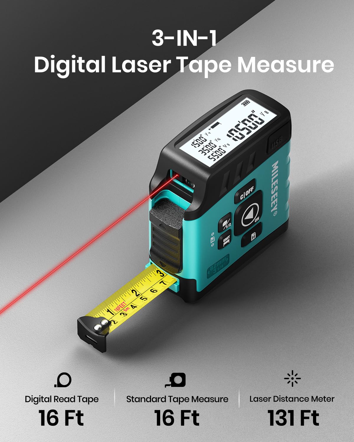 MiLESEEY DT20 Digital Laser Tape Measure,130 FT Laser Measuring Tool,16 FT Easy Read Digital Measuring Tape Retractable Manual-Locking Blade, Rechargeable Measurement Tool, Area/Volume/Pythagorean