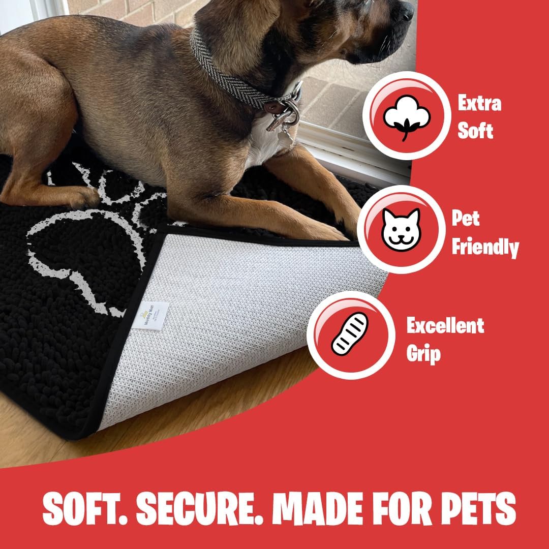 MUDGUARD MAT™ Dog Door Mat with Paw Design for Muddy Paws, Super Absorbent Microfiber, Non-Slip Indoor Mat, Quick-Dry Chenille Rug for Pets & Entryway, Machine Washable, Black 16" x 24"