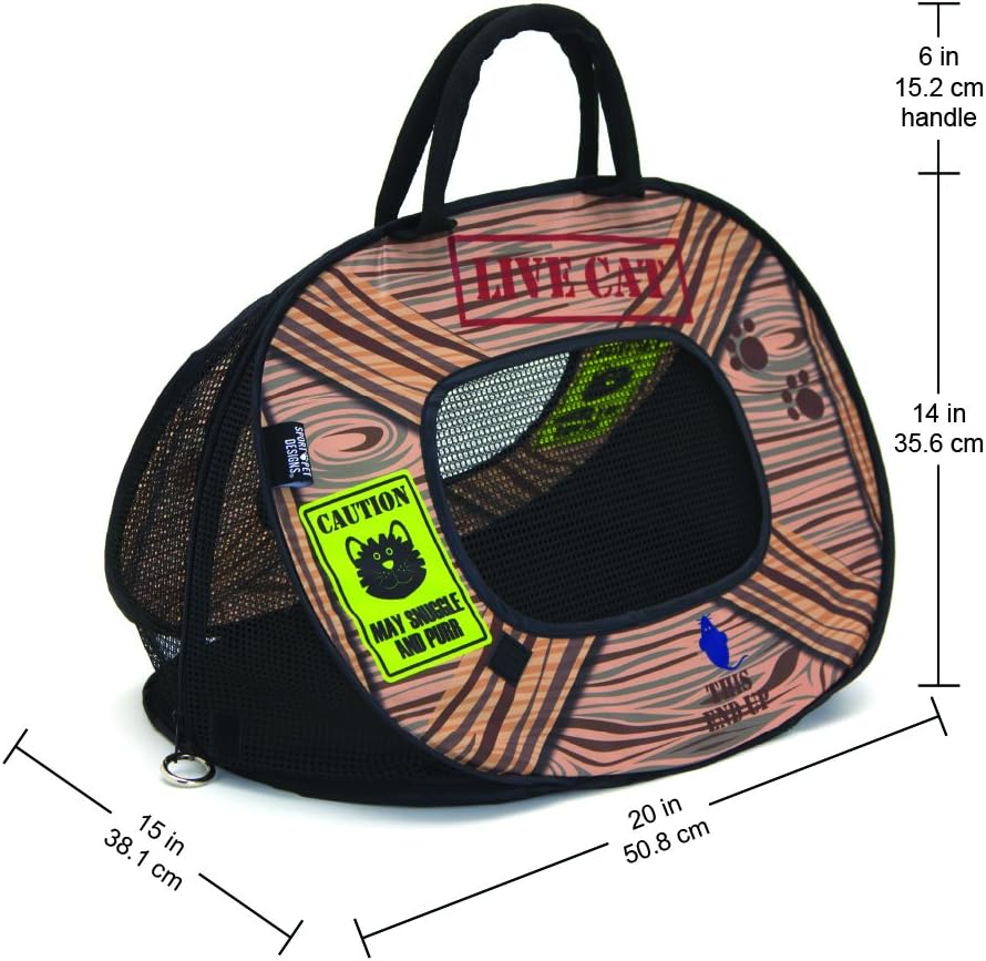 SportPet Designs Pop Open Cat Carrier, Soft-Sided Collapsible Travel Carrier for Cats up to 15 lbs, Lightweight Portable Design with Mesh Ventilation & Secure Zippers, Patterned Live Cat