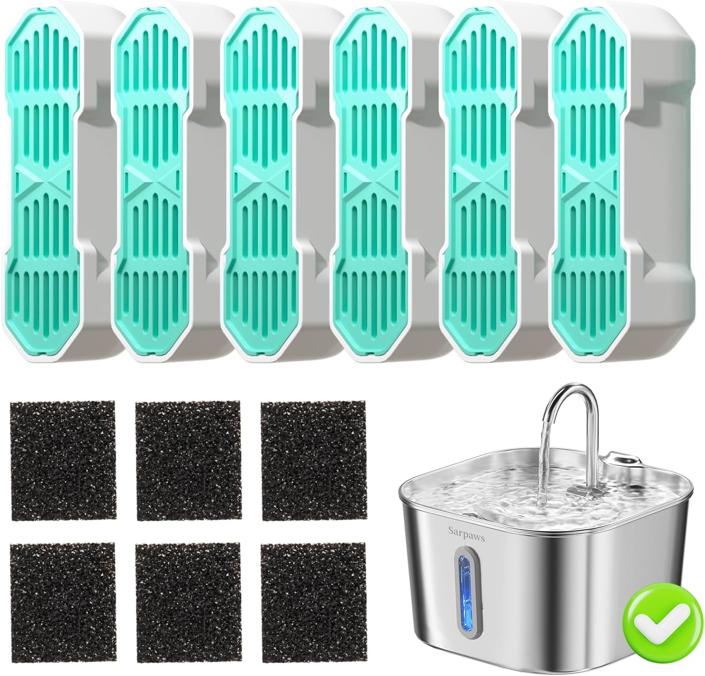 Cat Water Fountain Filters, 12-Piece Value Pack (6 Carbon Filters & 6 Sponges) for SARPAWS PWS-148B Stainless Steel Pet Fountain, 4-Stage Purification System, Fresh Water Supply