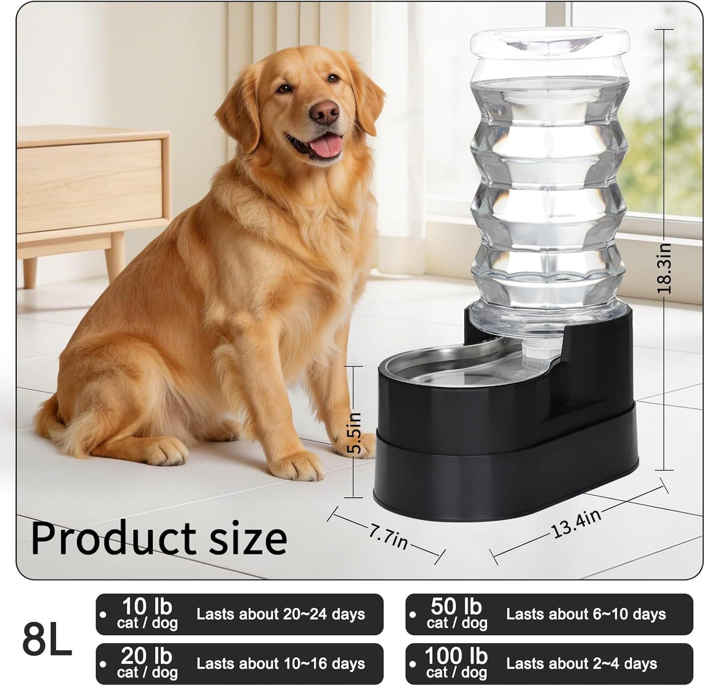 RIZZARI Automatic Pet Waterer: Large Capacity 8L Stainless Steel Gravity Bowl - Black - Elevated Auto Refill - Anti-Spill Cat Water Dispenser for Senior Dogs - Home Garden Use