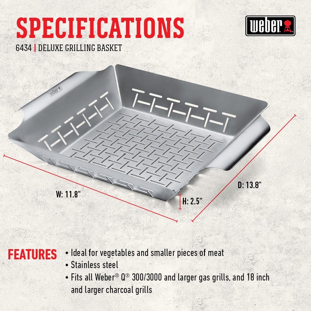 Weber Deluxe Grilling Basket – Stainless Steel Grill Basket for Vegetables, Seafood & Small Foods, Durable BBQ Cooking Accessory for Charcoal and Gas Grills