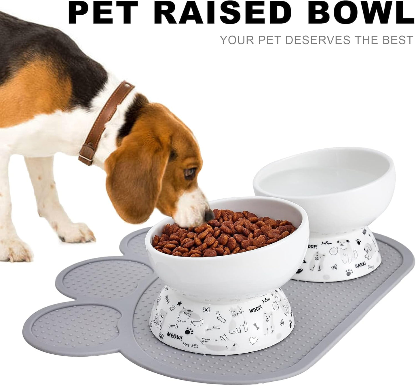 Ceramic Raised Cat Bowl Set | Elevated Food and Water Bowls for Cats and Small Dogs | 2 Pack Tilted With Anti-Slip Silicone Mat (Gray)