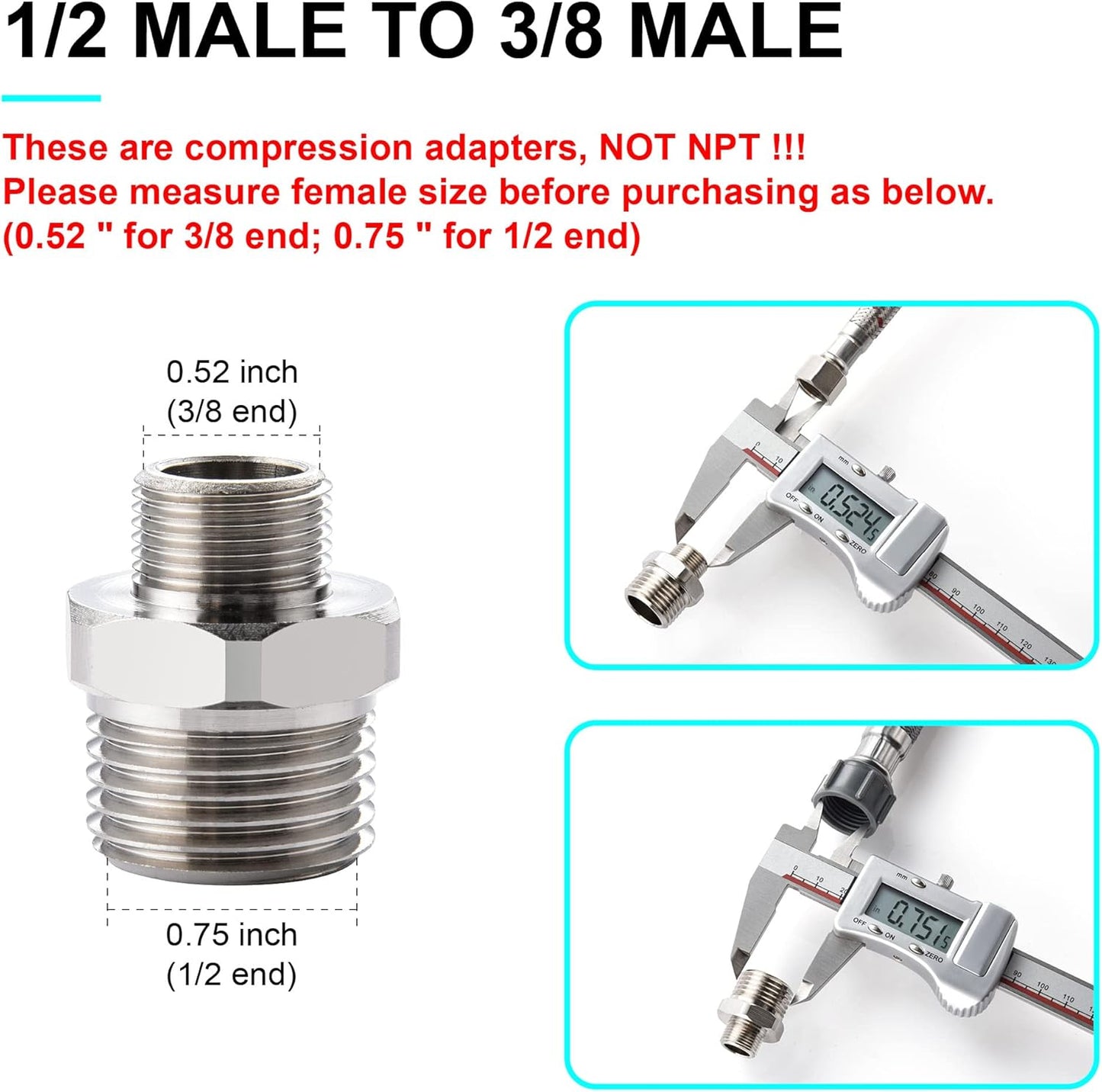 1/2 to 3/8 Reducer Faucet Adapter - Compression Brass Pipe Fitting, 3/8 Male to 1/2 Male Supply Line Adapter for RV Kitchen Plumbing, Water Hose Pipe Connector with Rubber Washer, (2 Pack)