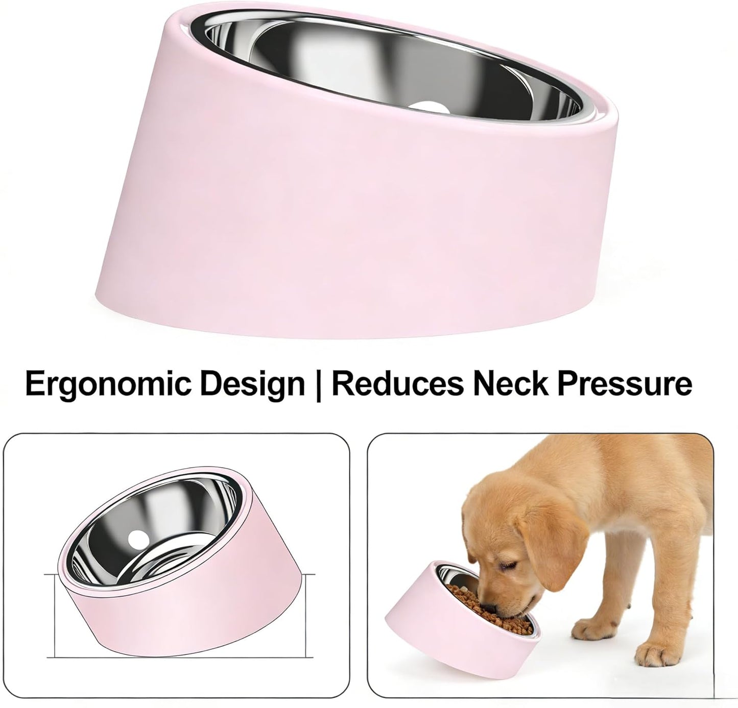 Tilted Slow Feeder 15° Elevated Non-Slip, BPA-Free Vet-Recommended Easy Clean Water Dish for Small Pets (Pink)