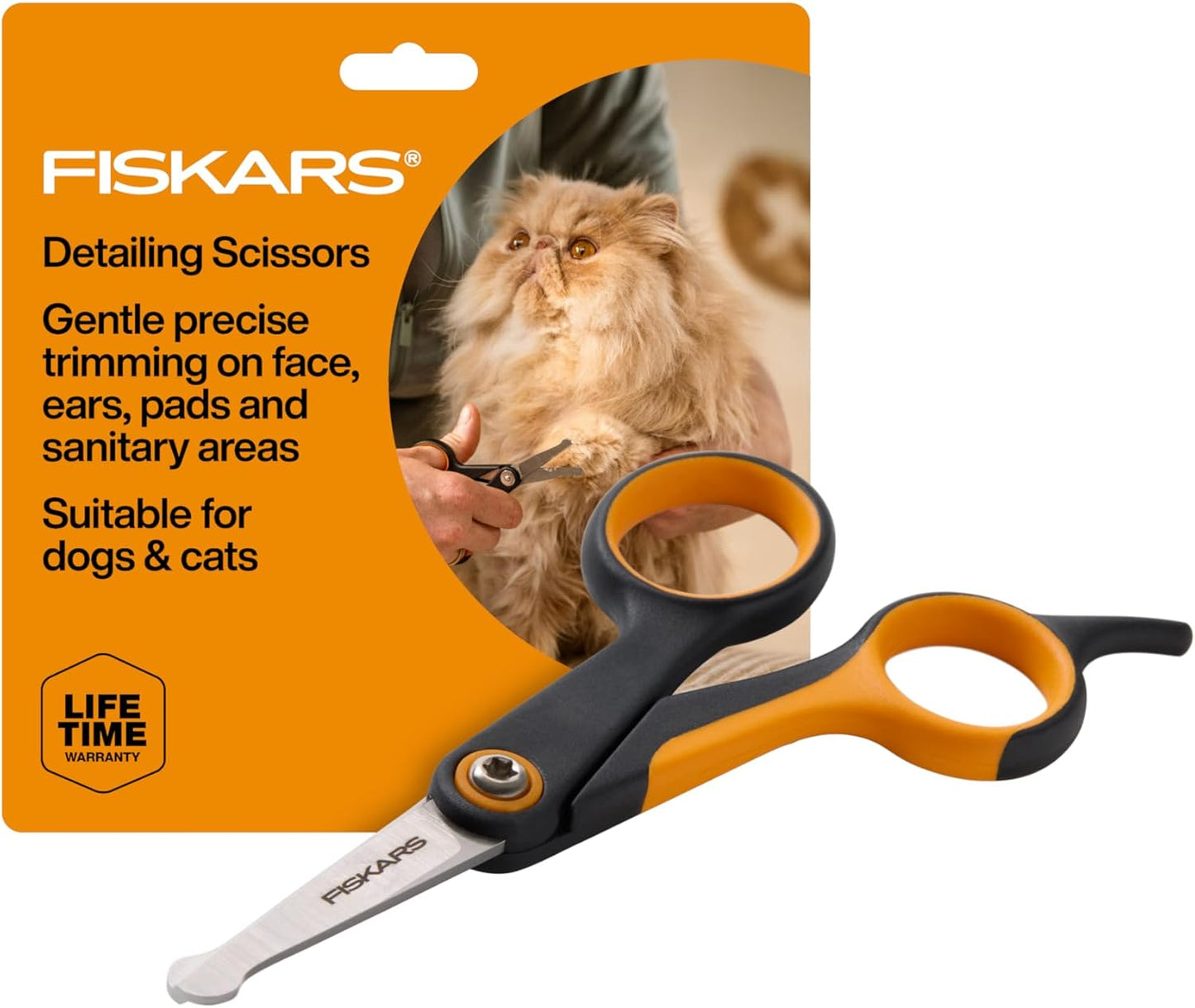 Fiskars Pet, Dog & Cat Grooming Scissors, Rounded Tips & SoftGrip Handle, Cat and Dog Supplies, 5.5”, Orange/Black, Detailing Scissors