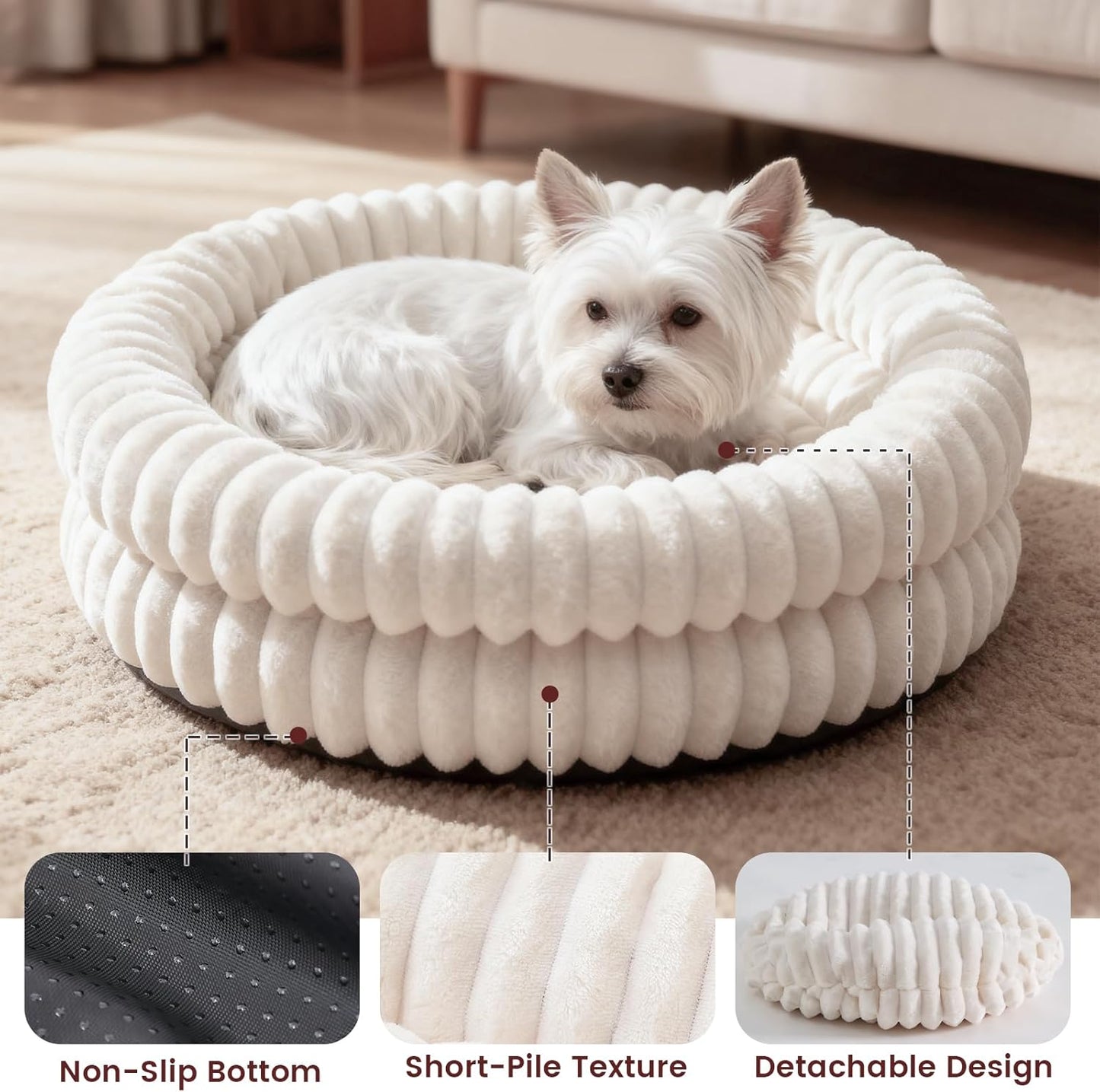 Cat Beds for Indoor Cats, Machine Washable Orthopedic Donut Dog Bed for Small Dogs, Fluffy Round Pet Bed with Anti-Slip Bottom for Puppy and Kitten, White, 20"x20"x6.5"