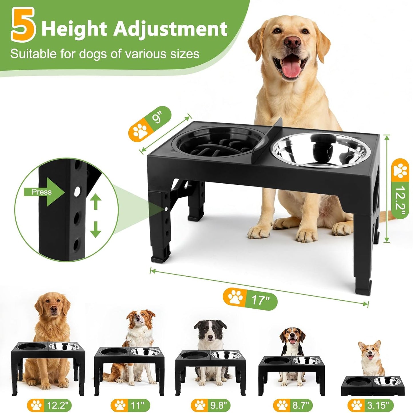 MECHEER 4-in-1 Dog Bowl Elevated Stand with Slow Feeder & Spill-Proof Water Bowl, 5-Height Adjustable Raised Dog Bowl for Large, Medium, and Small Dogs, Non-Slip Base Dog Feeding Station