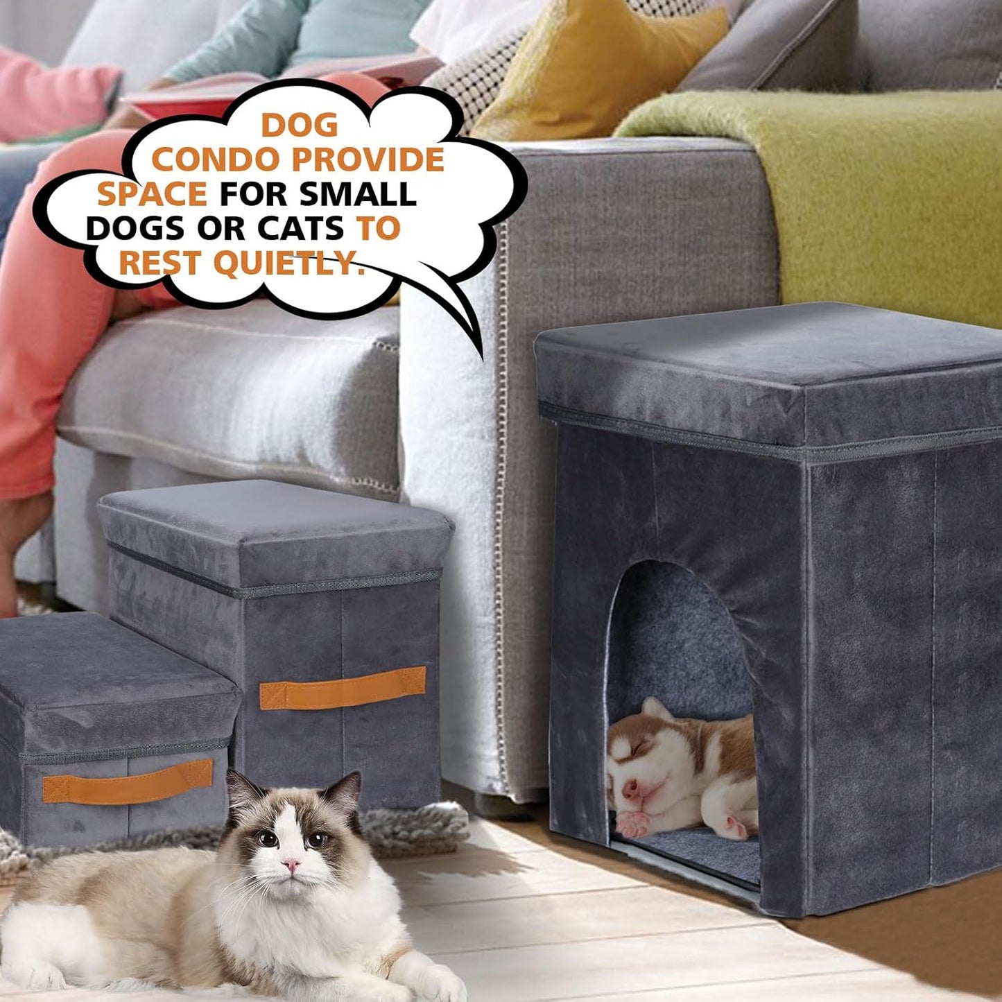 Topmart Foldable Dog Stairs for Bed, 3-Step Pet Stairs with 2 Storage Boxes & Condo for Small, Short-Legged Dogs