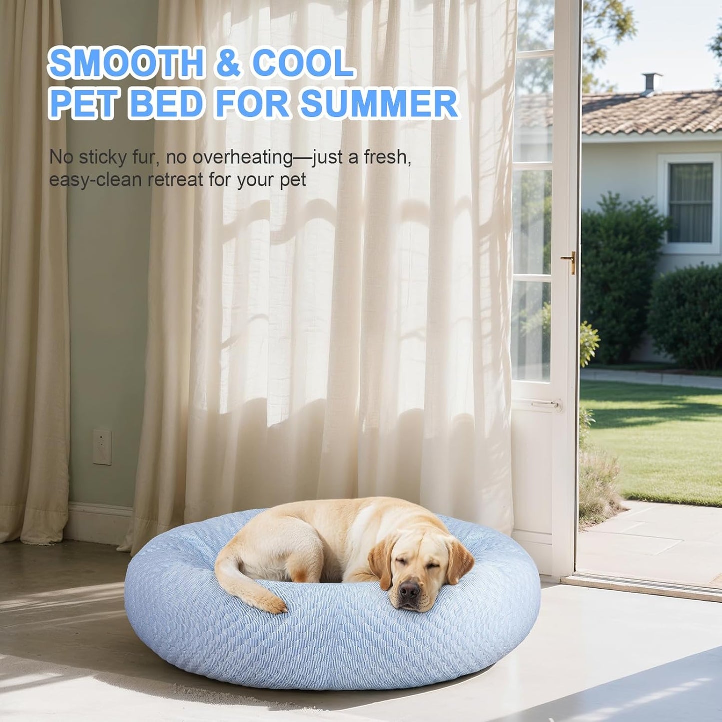 Donut Dog Bed for Large Dogs - Cooling Pet Bed with Removable Cover, Breathable Ice Fabric Summer Pet Beds for Medium & Big Dogs, Egg Tart Design (L)