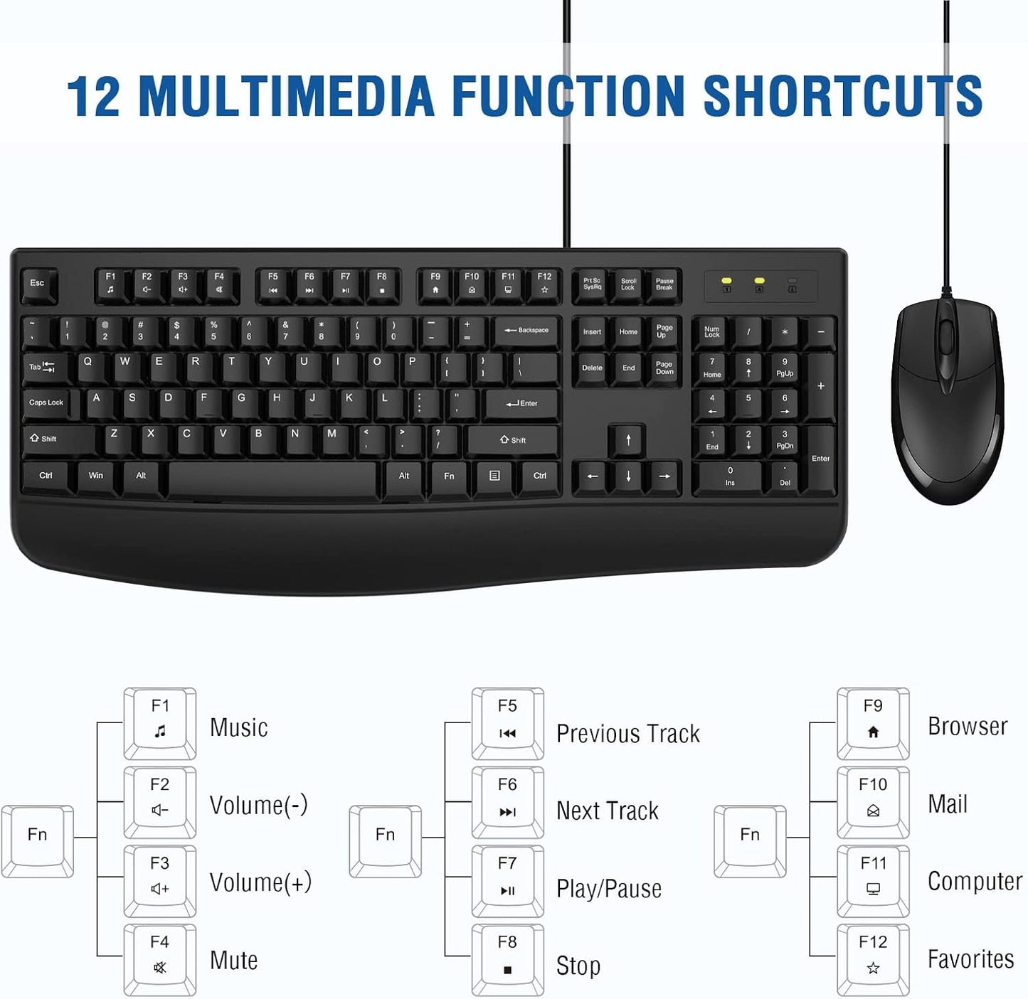 Wired Keyboard and Mouse Combo, EDJO Full-Sized Ergonomic Computer Keyboard with Palm Rest and Optical Wired Mouse for Windows, Mac OS Desktop/Laptop/PC