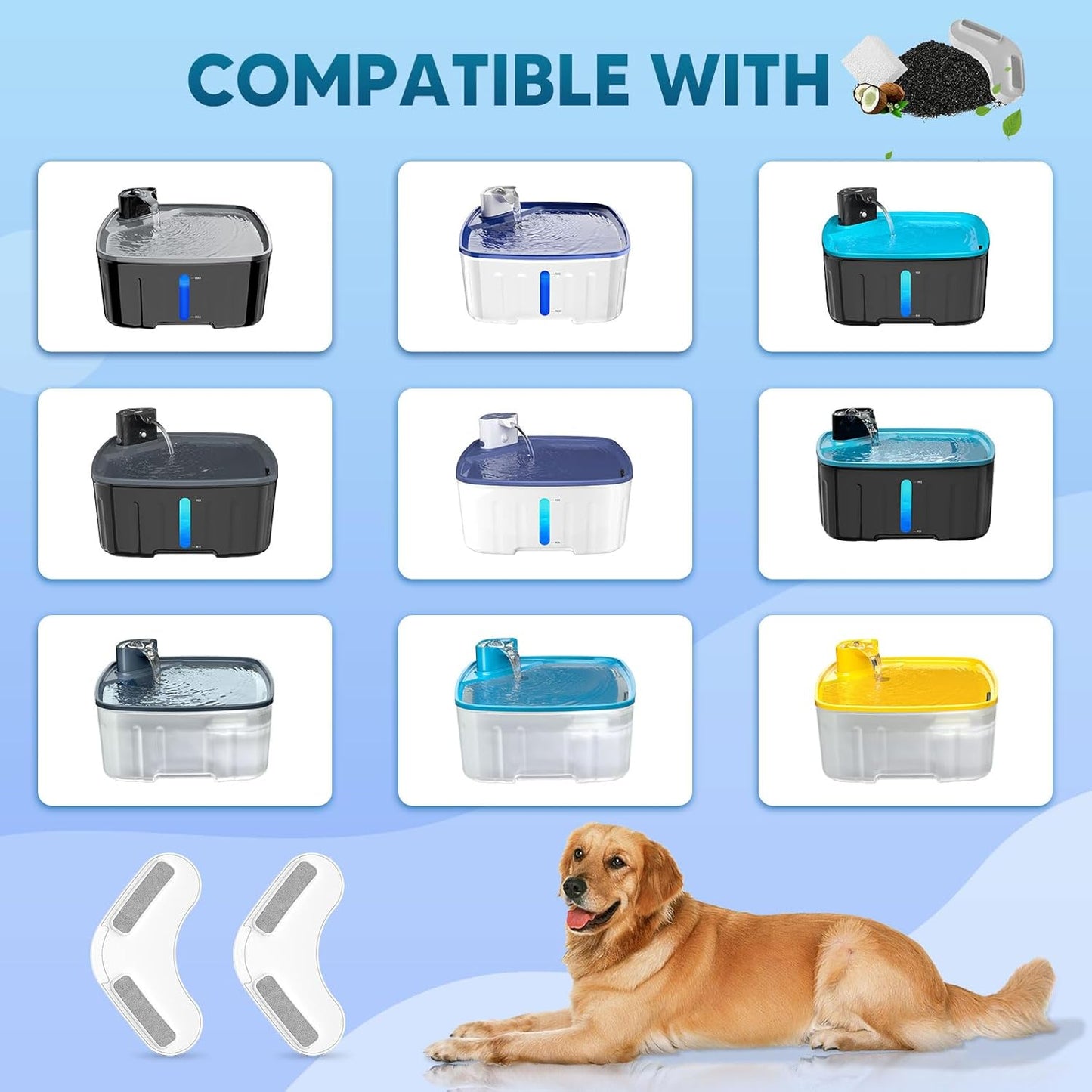 Dog Water Fountain Filters 8 Packs Filters & 2 Pack Sponge Foam Filters for 2.1GAL/8L/270oz Large Dog Water Fountain