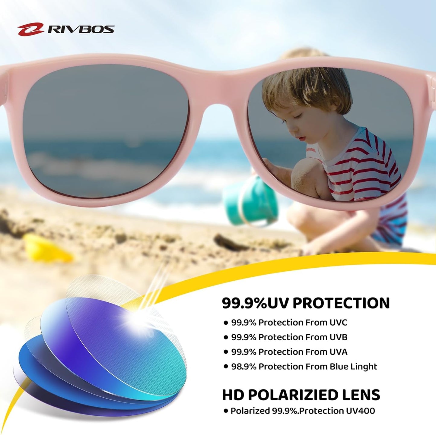 RIVBOS Kids Sunglasses Polarized UV Protection Flexible Rubber Glasses Shades with Strap for Boys Girls RBK004