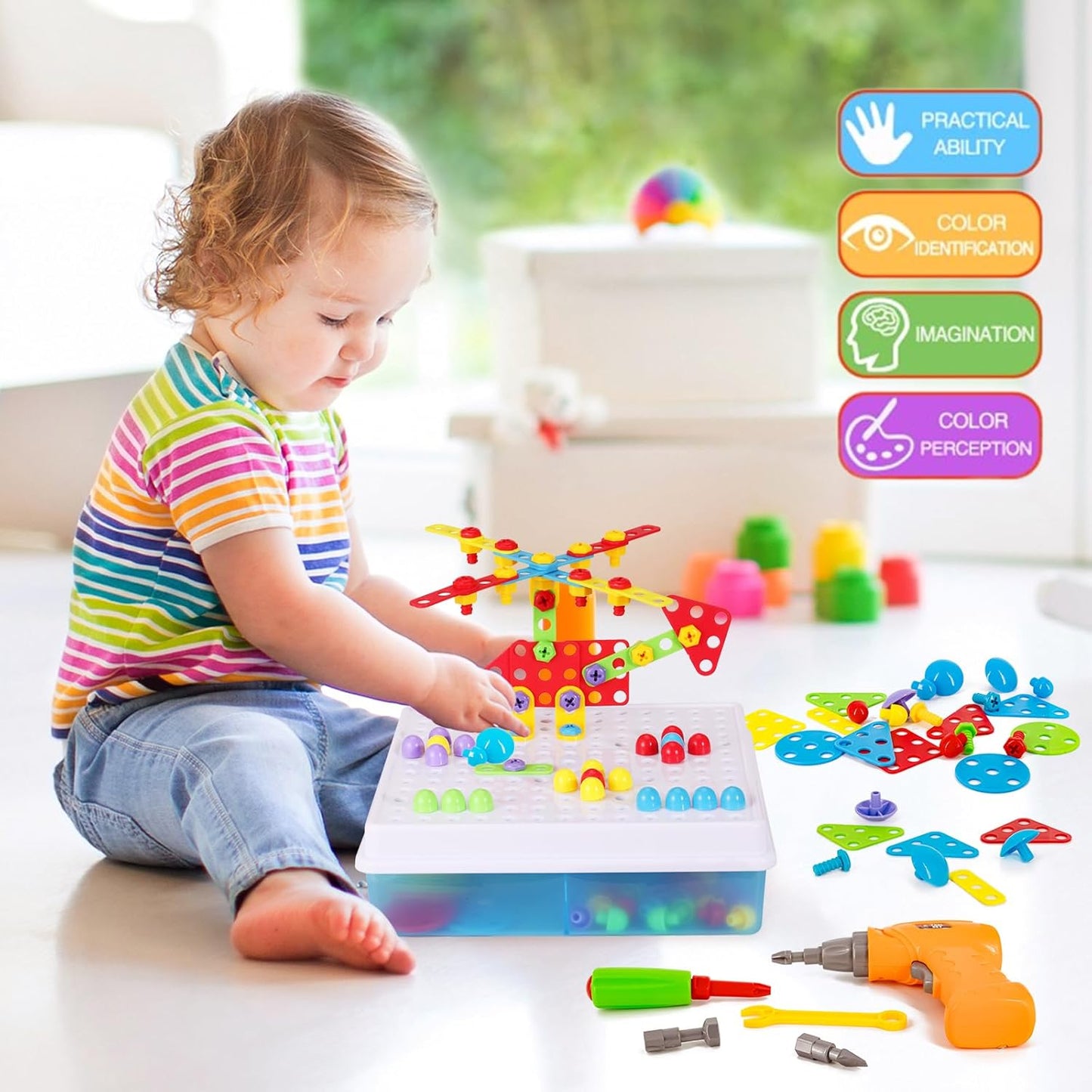 Haifeng 223 Pieces Kid Screwdriver Toy, Greative Drill Set, STEM Building Montessori Play Toolbox, Game Activities Center for Kids Ages 3-10 Years Old