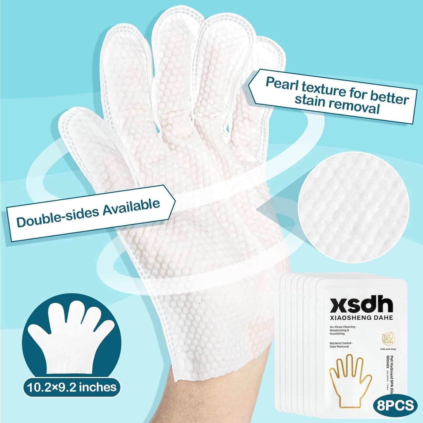 8PCS Pet Glove Wipes for Dogs Individual Pet Cleaning Gloves,Gentle Hydrating & Nourish Fur,Grooming Gloves for Dog & Cat Fur Horse Coat Care，Pet Bathing Wipes for Daily Care,Travel