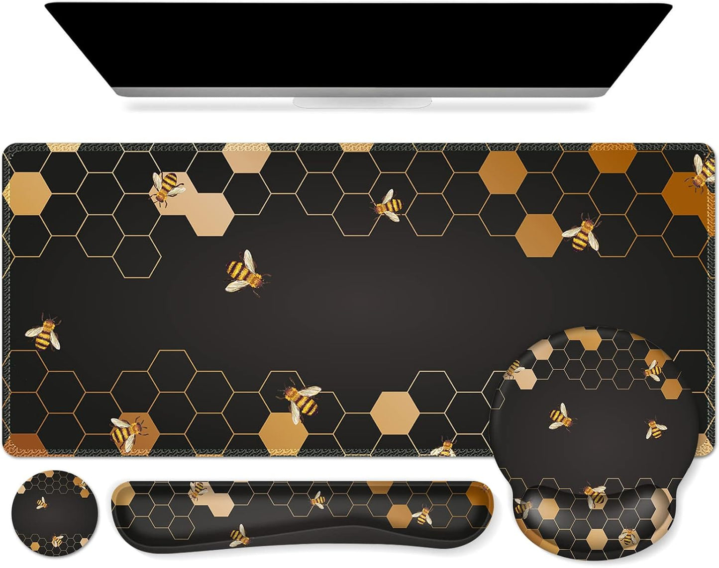 iCasso Desk Mat, Gaming Mouse Pad Wrist Support Set,4in1 XXL Large Mousepad + Keyboard Wrist Rest+Mouse Wrist Rest+Coaster Set with Ergonomic Design for Home Office Table Computer-Honeycomb