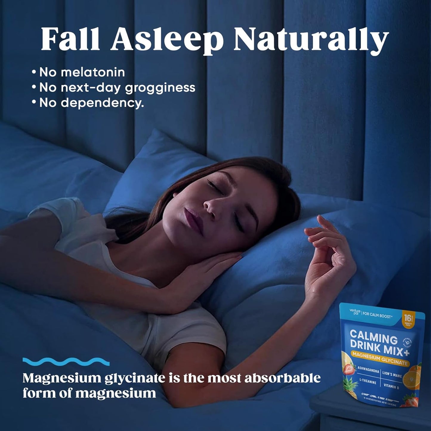 Venture Pal Calm Drink Mix, Cortisol Reducer and Sleep Aid with Magnesium Glycinate, Ashwagandha, L-Theanine,Vitamin D, Calm Magnesium Powder for Relax & Focus, No Sugar, Non GMO, Vegan & Gluten-Free