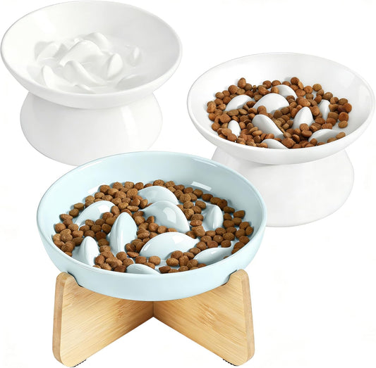 PETTOM Slow Feeder Cat Bowl with Stand, 2 Pack Ceramic Raised Tilted Cat Slow Feeder Bowl