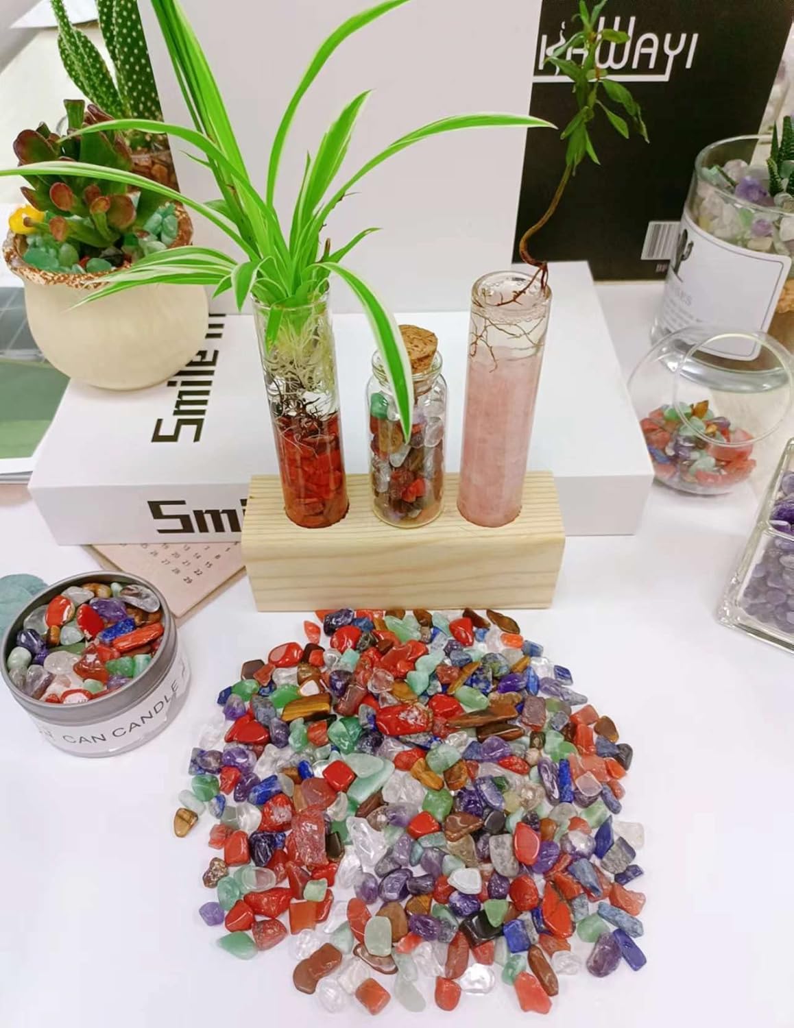 LAIDANLA Decorative Tumbled Gravel Chakra Colorful Crystals Chip Polished Bulk Natural Gem Aquarium Gravel Rocks Pebbles Fish Tank Gravel Vase Filler Succulents Terrarium Supplies 100g