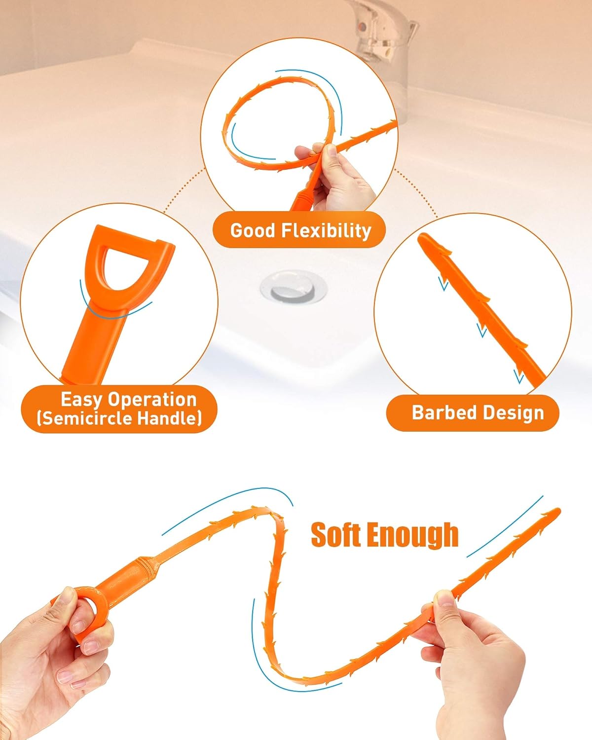 25 Inch Snake Drain Clog Remover Tool, 6PCS Hair Drain Cleaner Tool, Hair Cather Shower Drain Tool, Drain Auger hair Cleaning Tool for Shower Kitchen Sink Bath Tub Bathroom