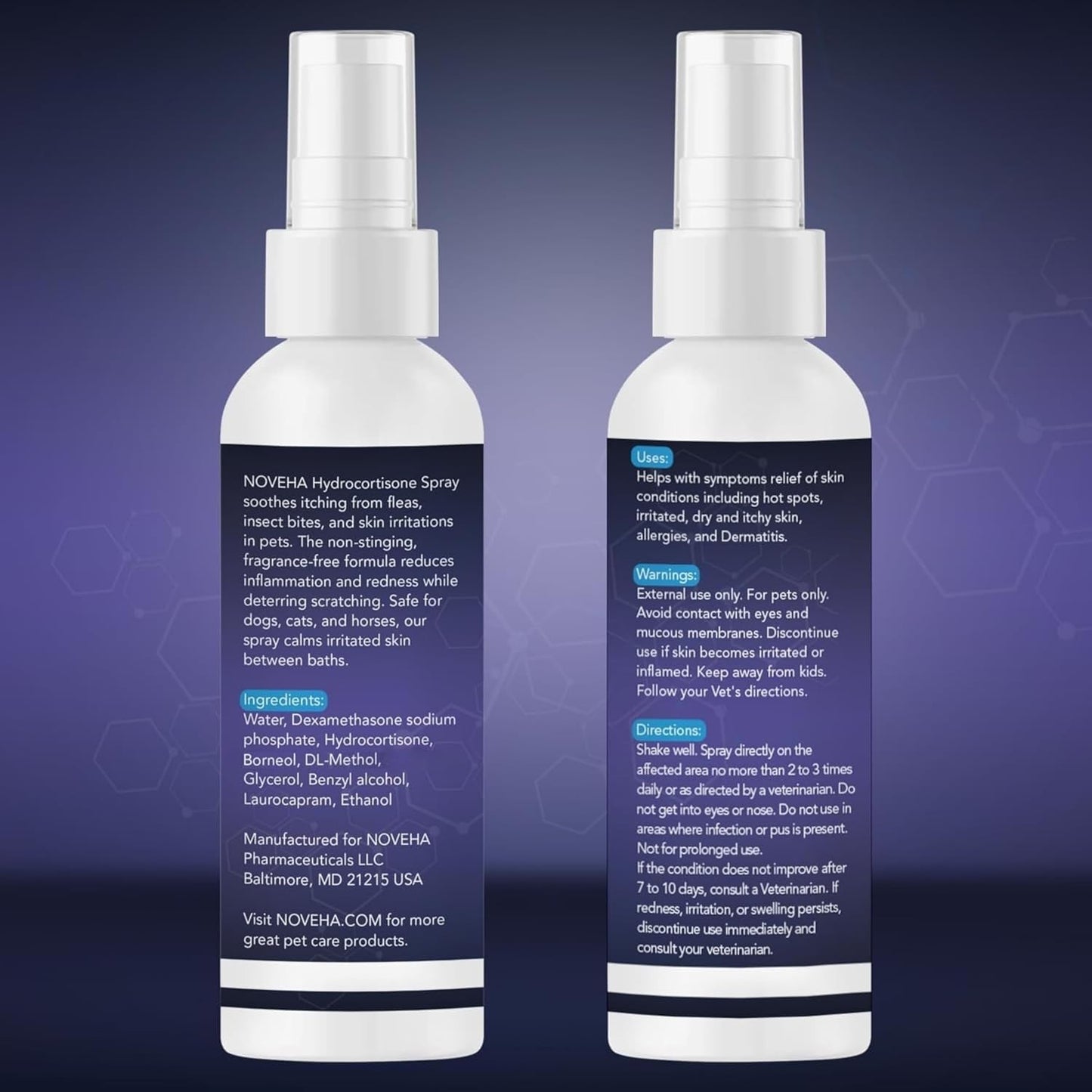 NOVEHA 1% Hydrocortisone Spray for Dogs, Cats, Horses – (3 x 120mL)