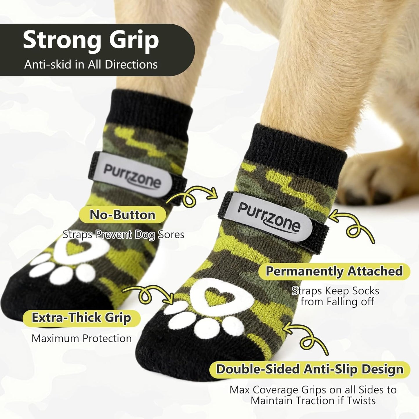 6 Pcs Non-Slip Dog Socks with Paw Grips Indoor, Cute Socks for Hardwood Floors, Winter Snow, Hot Pavement, Paw Protector Socks (Green Camouflage, Large)