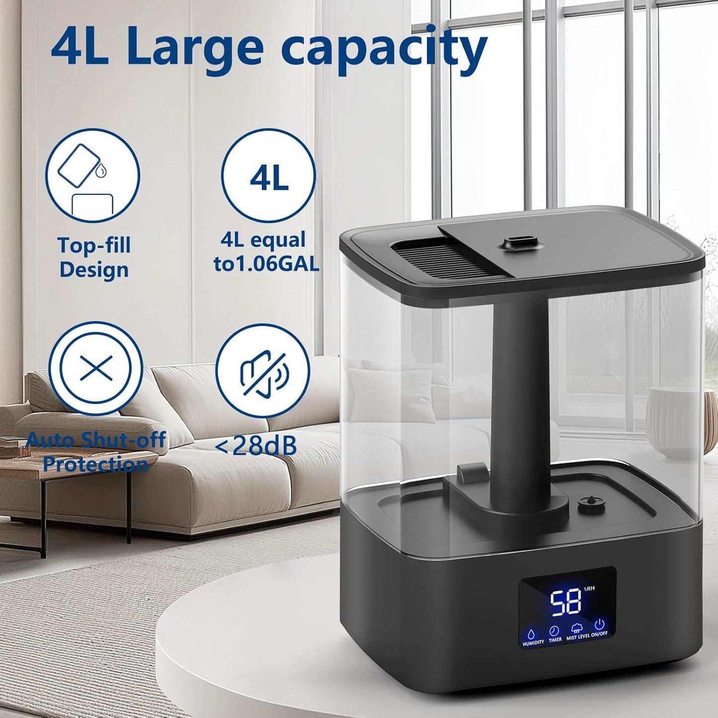 KZF 4L Top Fill Humidifiers for Bedroom & 60H Runtime - Cool Mist Humidifier, 3 Mist Levels, 8H Timer, Essential Oil Tray, Humidity Display, Quiet for Bedroom, Baby, Plants, Large Room (Black, 4L)