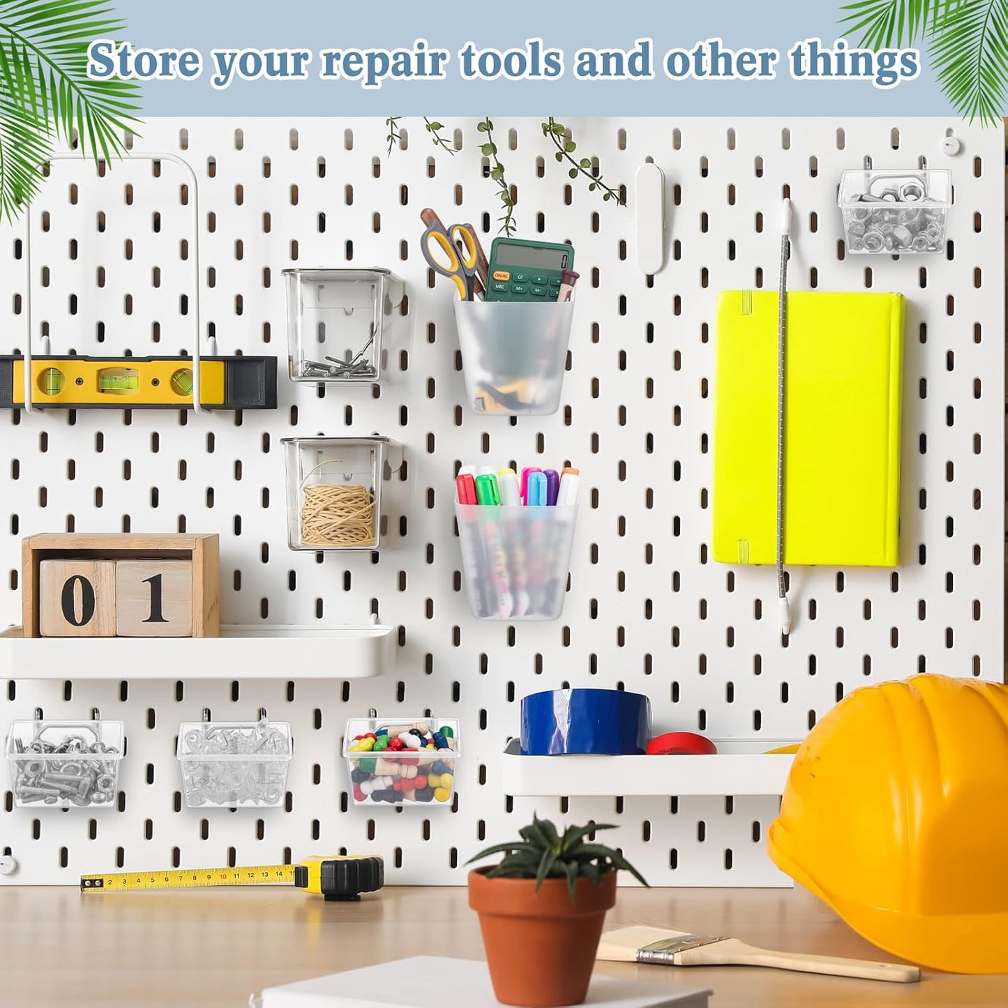 Jinei 12 Pcs Pegboard Bins and Cups with Hooks and Loops Peg Assortment Organizer Accessories Various Tool Organizer Pegboard Basket Set for Garage Workshop Workbench Office(Translucent)