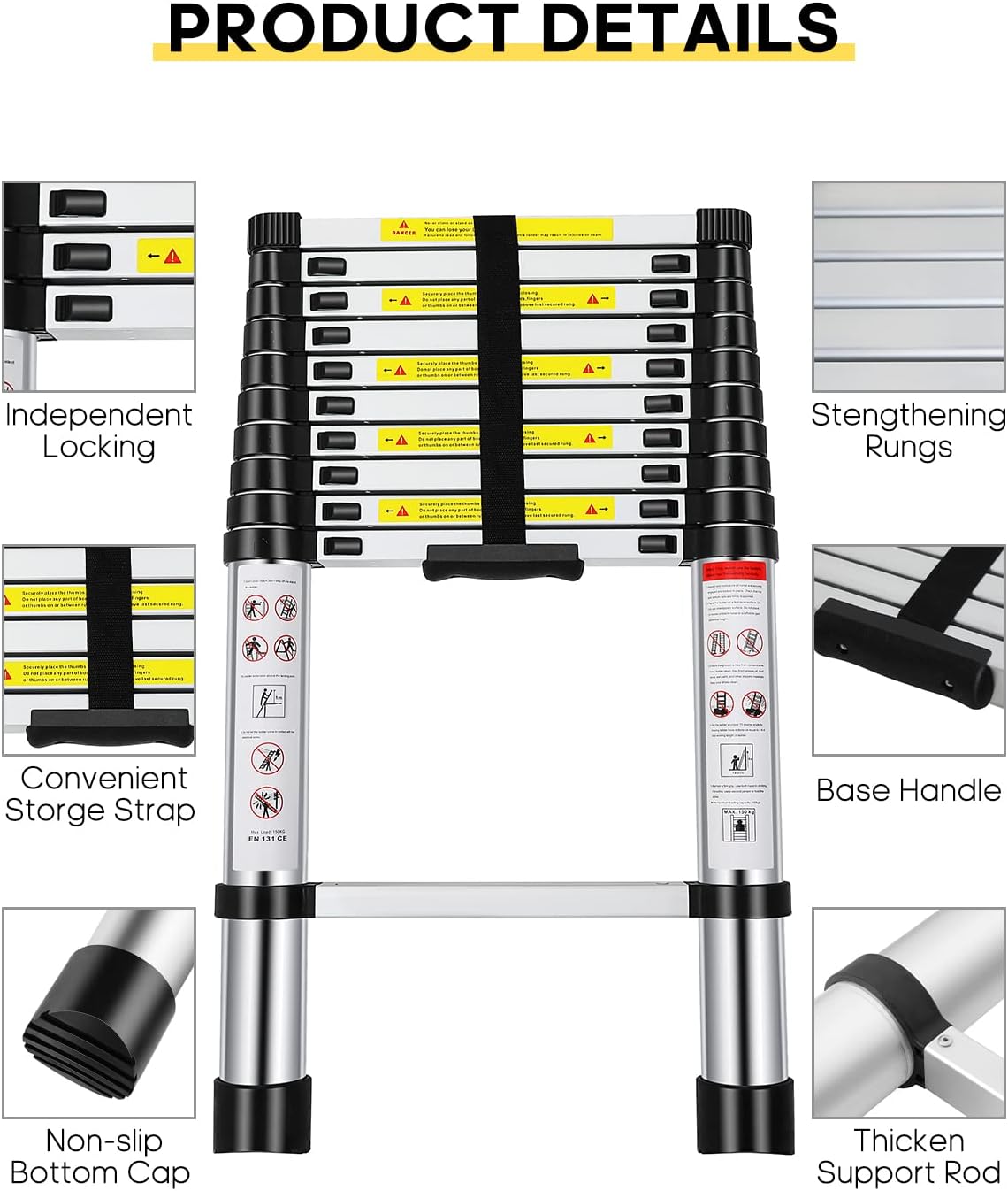 Telescoping Ladder, 10.5FT Aluminum Extension Ladder with 2 Replacement of Non-Slip Rubber Cover, 330 lb. Load Capacity, Telescopic Ladder Portable Multi-Purpose for Indoor Outdoor Work