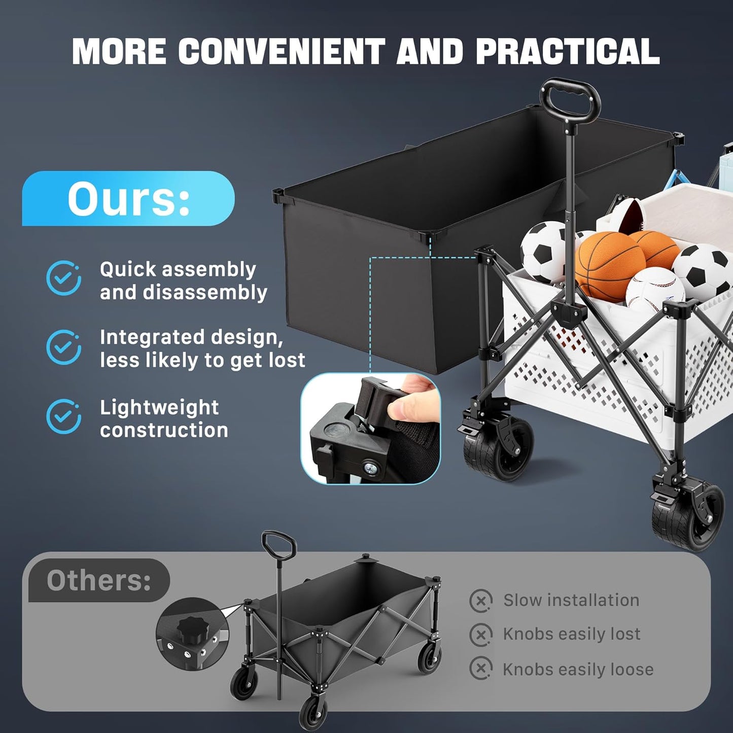 Homebetta XL Collapsible Wagon Cart，48" Heavy Duty Collapsible Utility Wagon with All-Terrain Big Wheels, 560LBS Folding Wagon for Garden, Moving,Glamping, Beach, Gift