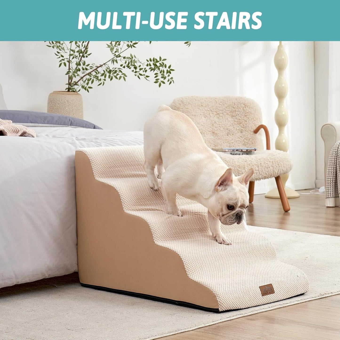 Wide Dog Stairs 19.7" Width, Pet Step for Small Medium/Large Dog, Puppy or Cat, Pet Ramp for High Bed or Car, High Density Foam Ladder, Stable, 5 Step, 19.7x33x22.4 in, Beige